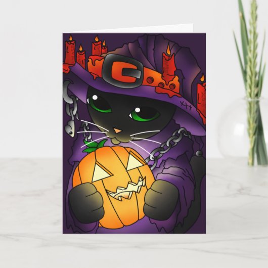 Halloween Pompoen Zwarte Heks Kat Kaart (Voorkant)
