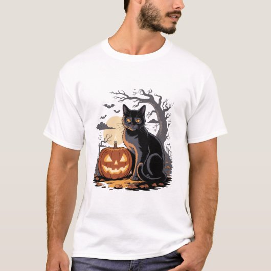 halloween pompoen zwarte kat t-shirt (Voorkant)