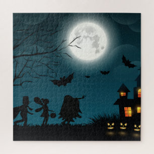 Halloween Pompoenen: Donker Kasteel Blauwe Maan Legpuzzel