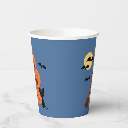 Halloween pompoenen en Black Cat Blue Papieren Bekers (Links)