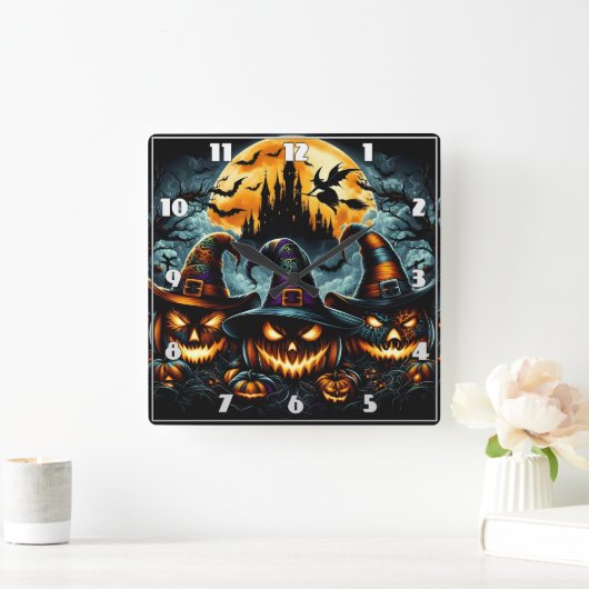 Halloween pompoenen en heksen in de schemering vierkante klok (Huis)