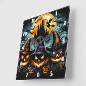 Halloween pompoenen en heksen in de schemering vierkante klok (Hoek)
