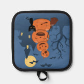 Halloween pompoenen en zwarte kat op blauw pannenlap (Voorkant)