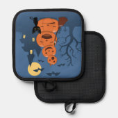 Halloween pompoenen en zwarte kat op blauw pannenlap (Voorkant / Achterkant)