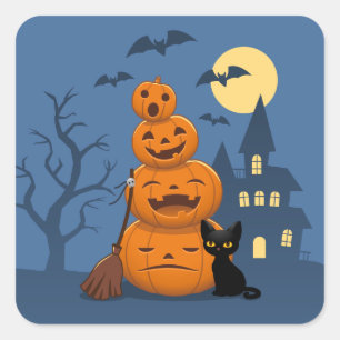Halloween Pompoenen en Zwarte Kat Vierkante Sticker
