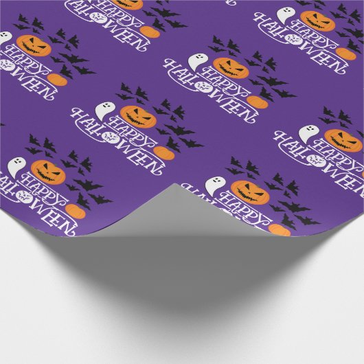 Halloween pompoenen geesten vleermuizen leuk paars cadeaupapier (Hoek)