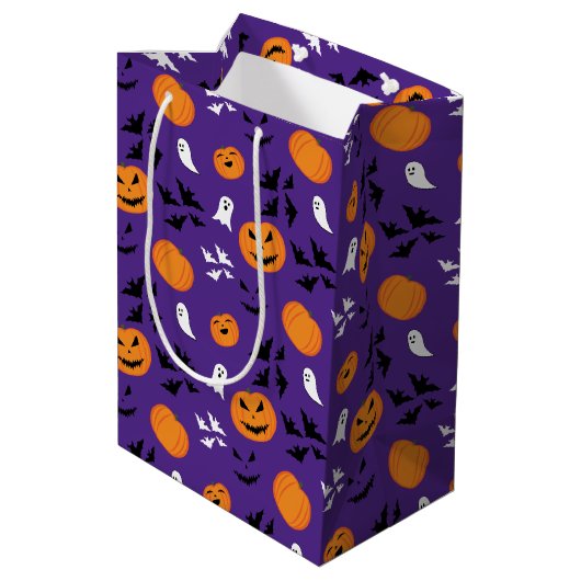 Halloween pompoenen geesten vleermuizen leuk paars medium cadeauzakje (Achterkant Gekanteld)