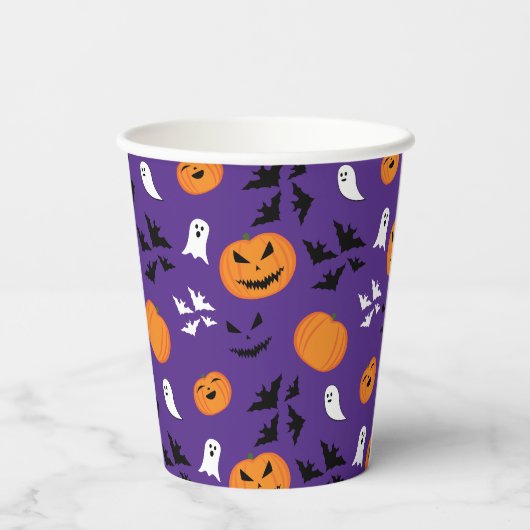 Halloween pompoenen geesten vleermuizen leuk paars papieren bekers (Achterkant)