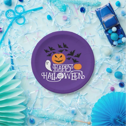Halloween pompoenen geesten vleermuizen leuk paars papieren bordje (Feest)