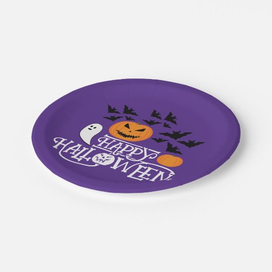 Halloween pompoenen geesten vleermuizen leuk paars papieren bordje (Gekanteld)