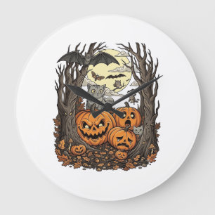 Halloween Pompoenen Grijze Kat Vleermuis Volle Maa Grote Klok