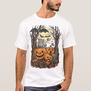 Halloween Pompoenen Grijze Kat Vleermuis Volle Maa T-shirt