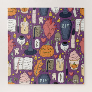 Halloween pompoenen, hekserig naadloos patroon. legpuzzel