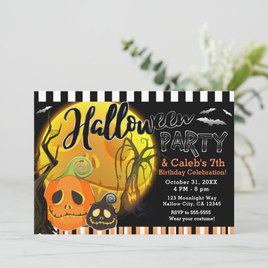 Halloween pompoenen maanlicht kostuum feest kaart (Staand voorkant)
