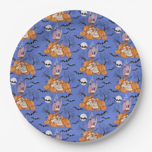 Halloween, pompoenen, schedel en vleermuizen feest papieren bordje (Voorkant)