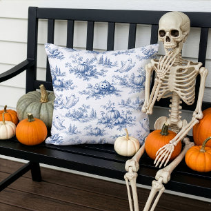 Halloween Pompoenen Toile de Jouy Patroon Blauw Buitenkussen