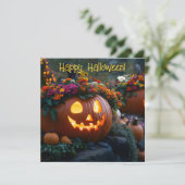 Halloween pompoenen versierd met bloemen feestdagenkaart (Staand voorkant)