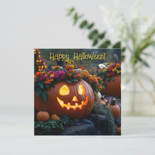 Halloween pompoenen versierd met bloemen feestdagenkaart (Staand voorkant)
