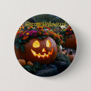 Halloween pompoenen versierd met bloemen ronde button 5,7 cm