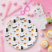 Halloween pompoenen, vleermuizen en katten op wit papieren bordje (Feest)