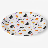 Halloween pompoenen, vleermuizen en katten op wit papieren bordje (Gekanteld)