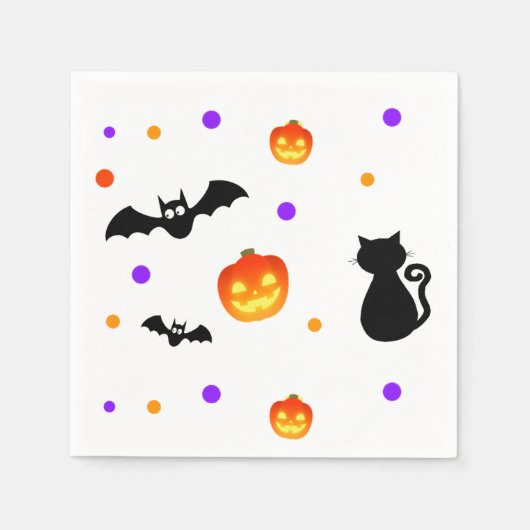 Halloween pompoenen, vleermuizen en katten op wit servet (Voorkant)