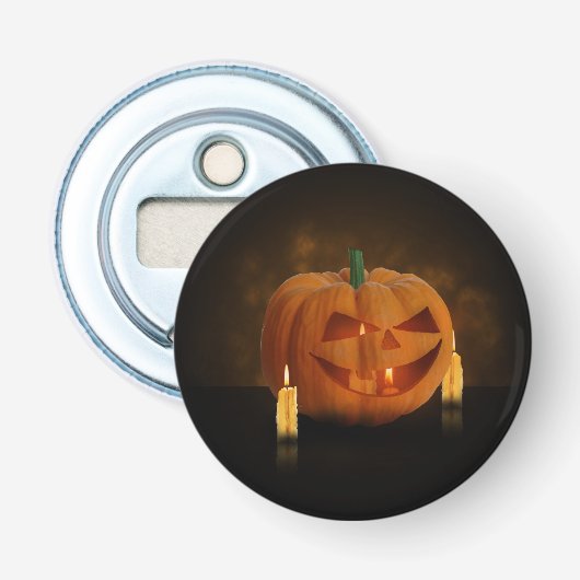 Halloween pompoenlantaarn met kaarsen button flesopener (Voorkant)
