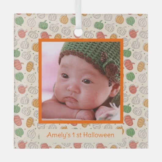 Halloween pompoenpatroon oranje foto naam glas ornament (Voorkant)