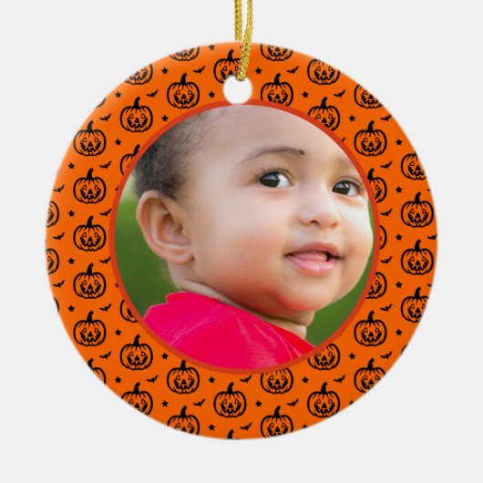 Halloween pompoenpatroon wenst oranje foto keramisch ornament (Voorkant)