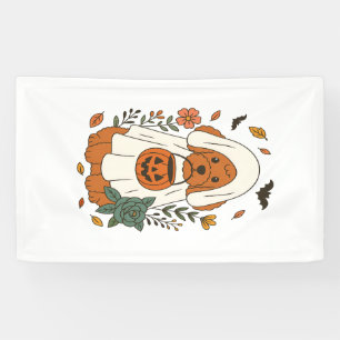 Halloween Poodle met herfstbloemen Spandoek