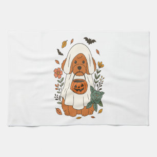 Halloween Poodle met herfstbloemen Theedoek