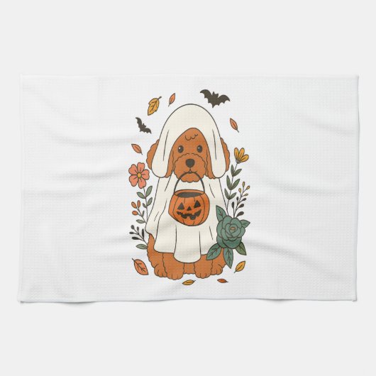 Halloween Poodle met herfstbloemen Theedoek (Horizontaal)