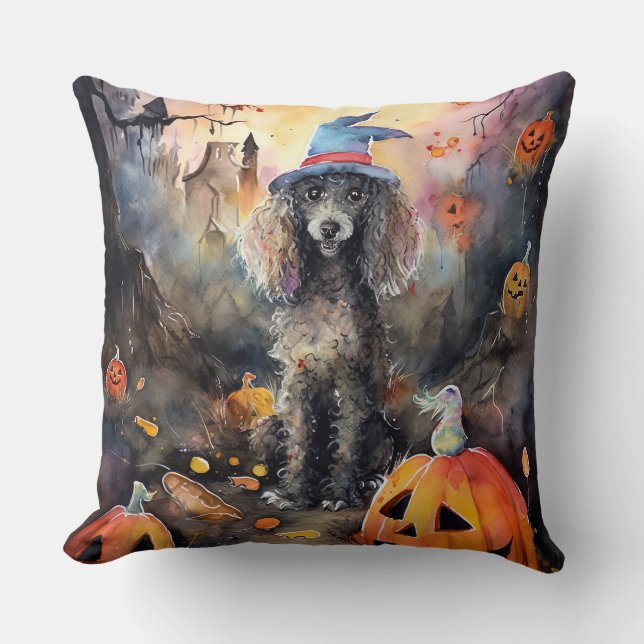 Halloween Poodle Met Pompoenen Griezelen Kussen (Voorkant)