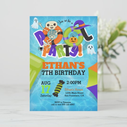 Halloween Pool Party Uitnodiging (Staand voorkant)