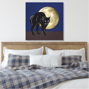 Halloween Prowling Black Cat op een Volle Maan Canvas Afdruk