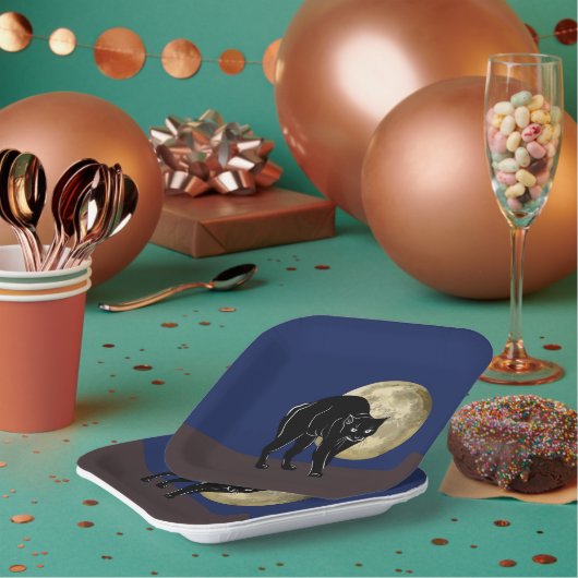 Halloween Prowling Black Cat op een Volle Maan Papieren Bordje (Multi)