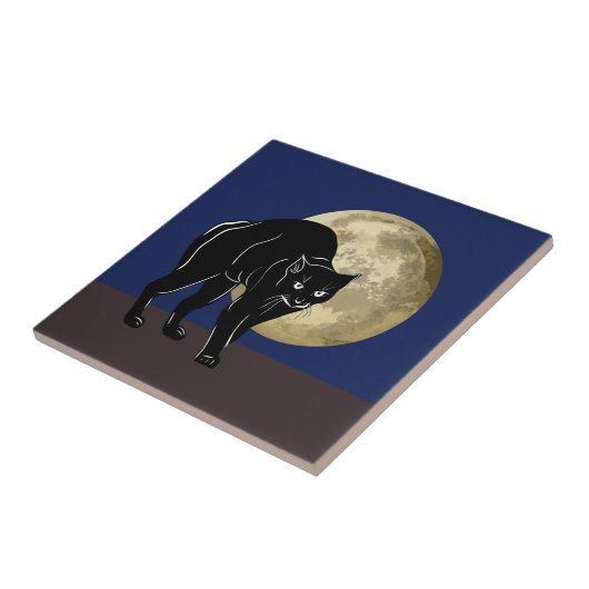 Halloween Prowling Black Cat op een Volle Maan Tegeltje (Zijkant)