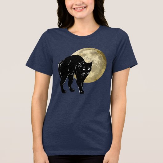 Halloween Prowling Black Cat op een Volle Maan Tri-Blend Shirt (Voorkant)