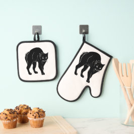 Halloween Prowling Black Cat Silhouette Tekening Ovenwant & Pannenlap Set