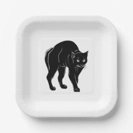 Halloween Prowling Black Cat Silhouette Tekening Papieren Bordje