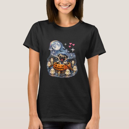 Halloween-pug die een pompoenboot roeit t-shirt (Voorkant)