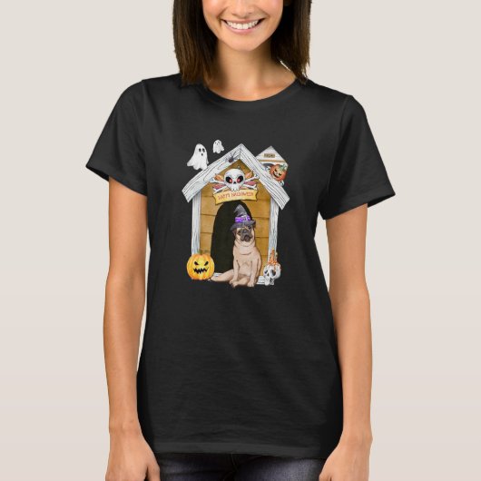 Halloween Pug Dog Witch Haunted House T-shirt (Voorkant)