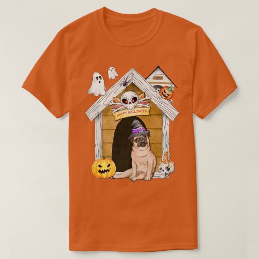 Halloween Pug Dog Witch Haunted House T-shirt (Design voorkant)