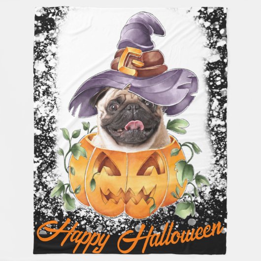 Halloween Pug in Jackolantern Happy Halloween Fleece Deken (Voorkant)