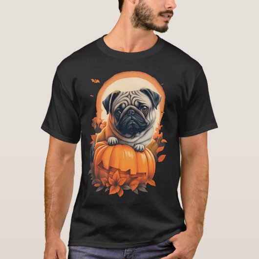Halloween Pug in Pompoen T-shirt (Voorkant)