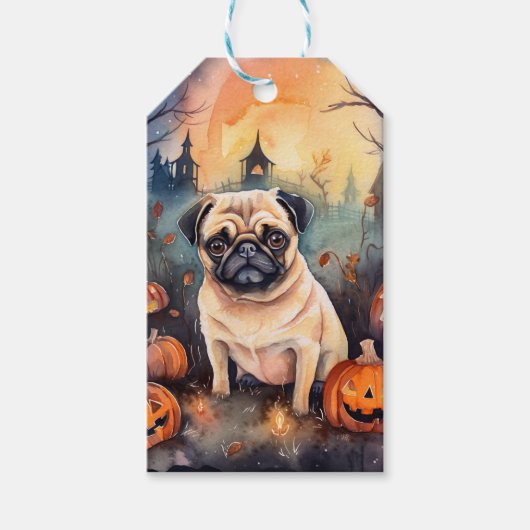 Halloween Pug met pompoenen eng Cadeaulabel (Voorkant)