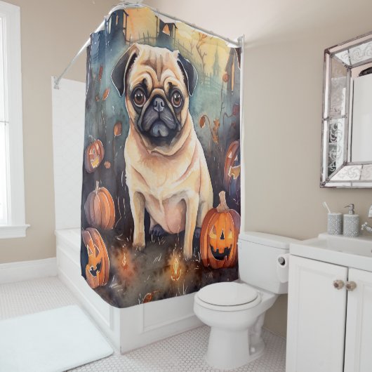 Halloween Pug met pompoenen eng Douchegordijn (In situ)