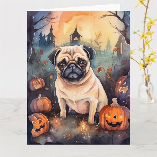Halloween PUG Met Pompoenen Eng Kaart (Gele Bloem)