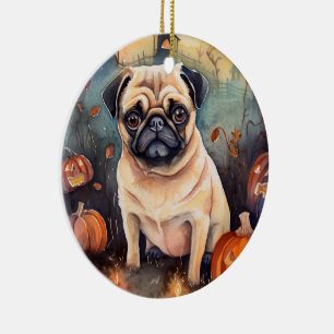 Halloween Pug met pompoenen eng Keramisch Ornament