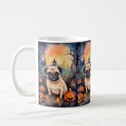 Halloween Pug met pompoenen eng Koffiemok (Links)
